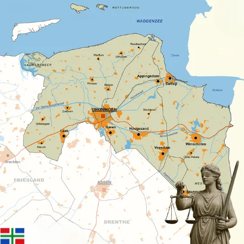 Kaart van provincie Groningen met Justitia – werkgebied erfrecht- en familierechtadvocaat