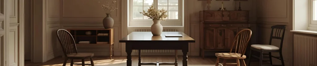 Header afbeelding - Eettafel met stoelen in overlegsetting, symbool voor familierecht, scheiding en mediation.